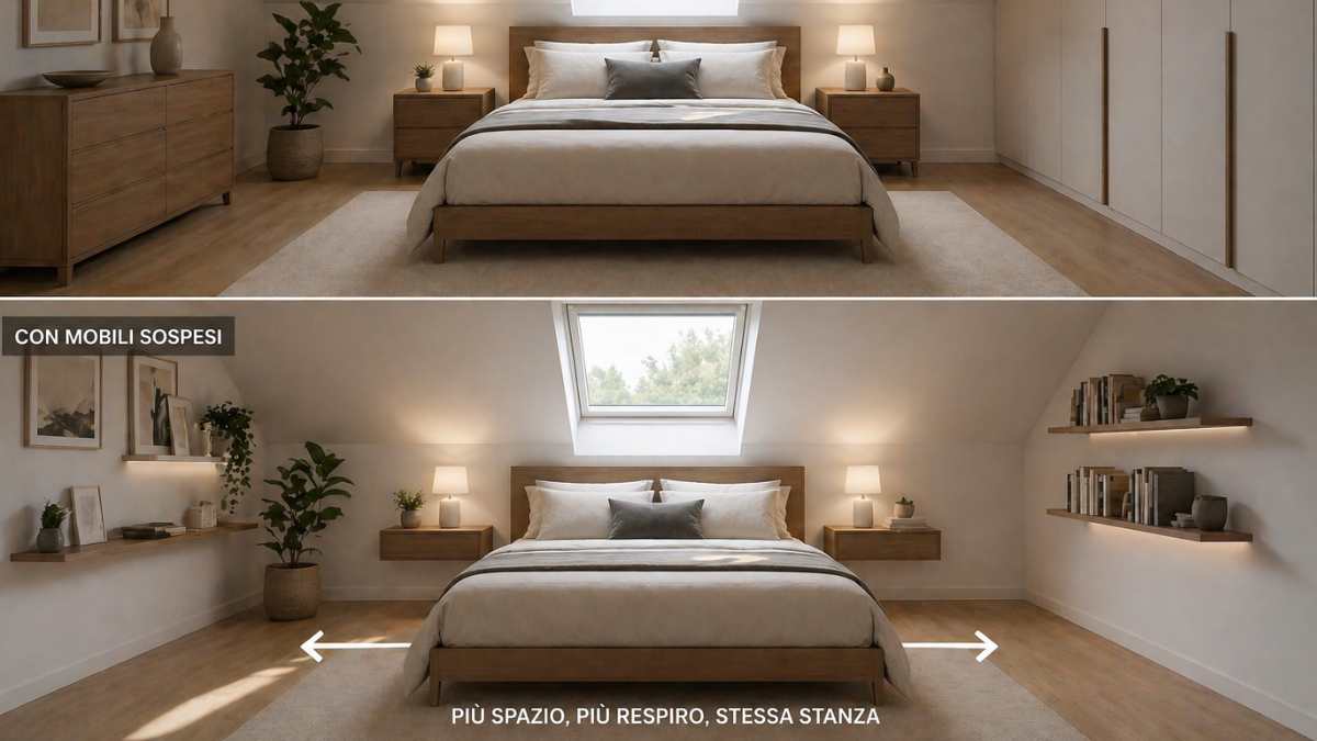 Gli arredi sospesi alleggeriscono tutto