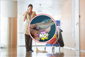 donna delle pulizie in condominio, soldi e scritta no