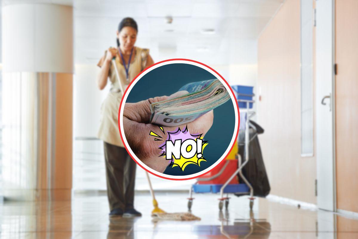 donna delle pulizie in condominio, soldi e scritta no