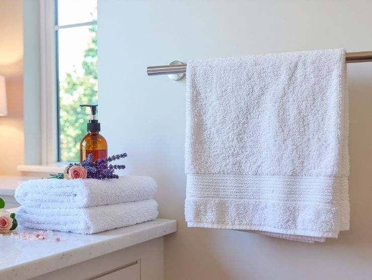 immagine di un bagno con degli asciugamani appesi e altri ripiegati sul lavandino