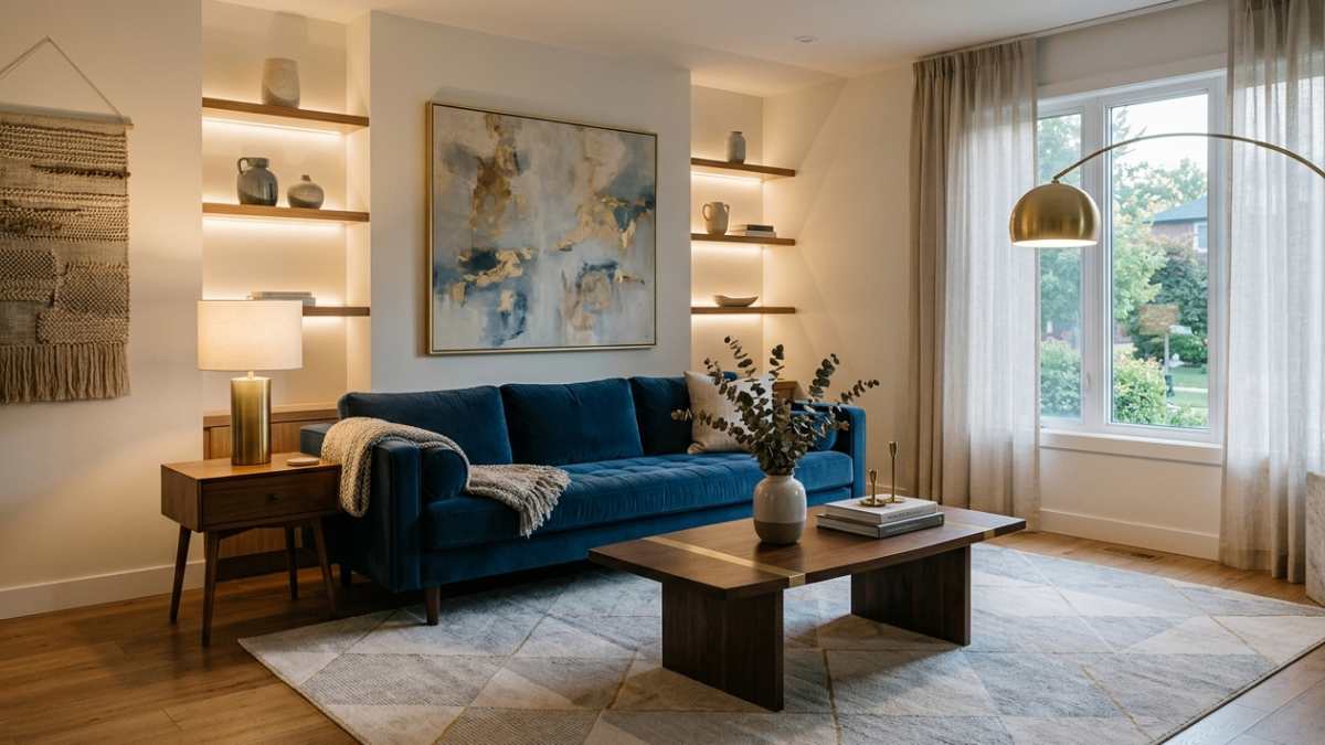 salotto con divano blu, mensole illuminate e lampada da terra