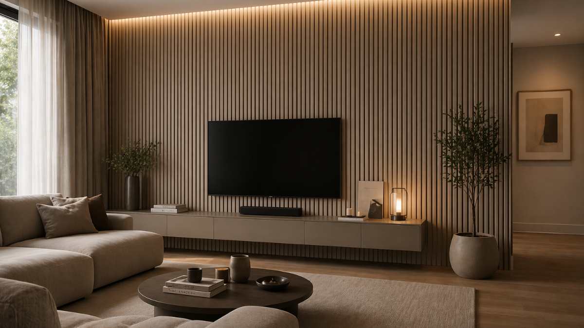 Non è una semplice boiserie: la parete a doghe sottili che rende il soggiorno più elegante