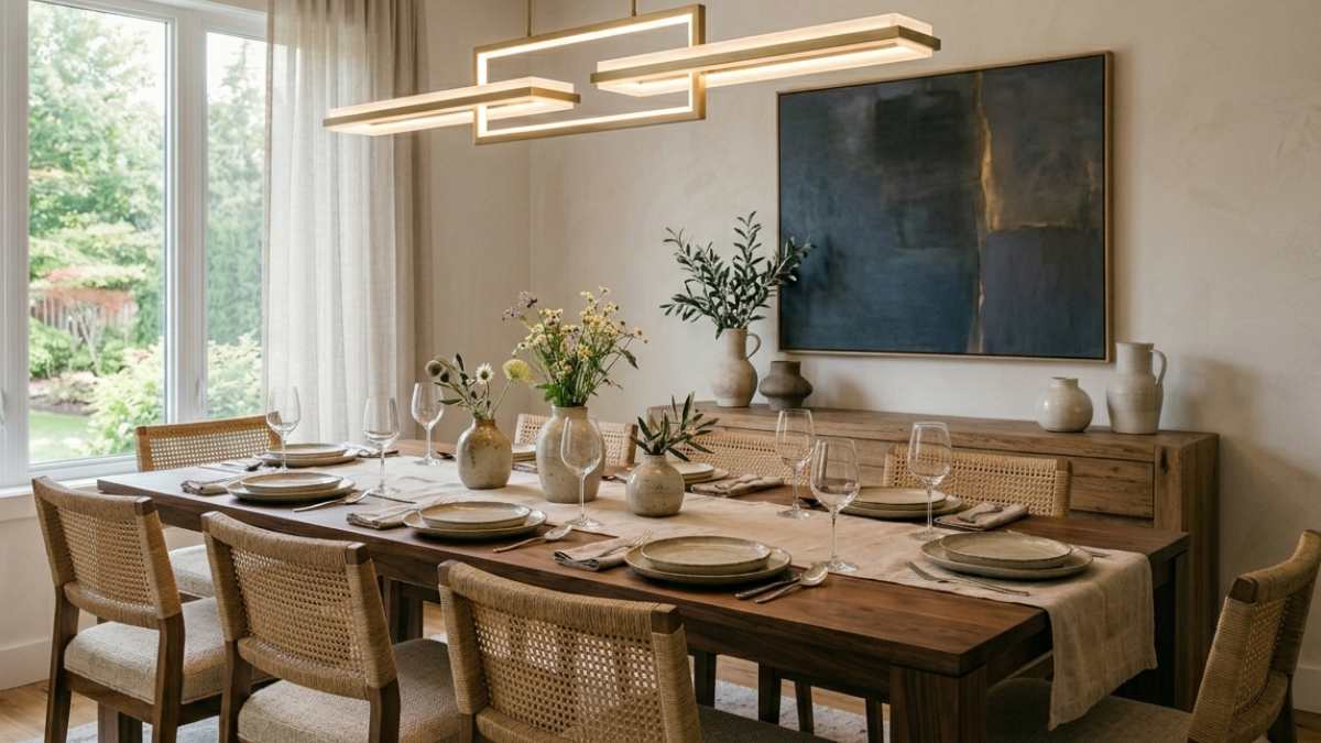 lampadario moderno sopra un tavolo rettangolare