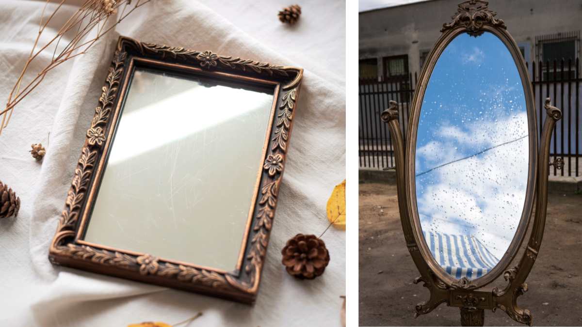 due tipi di specchi con cornici vecchie e antiche