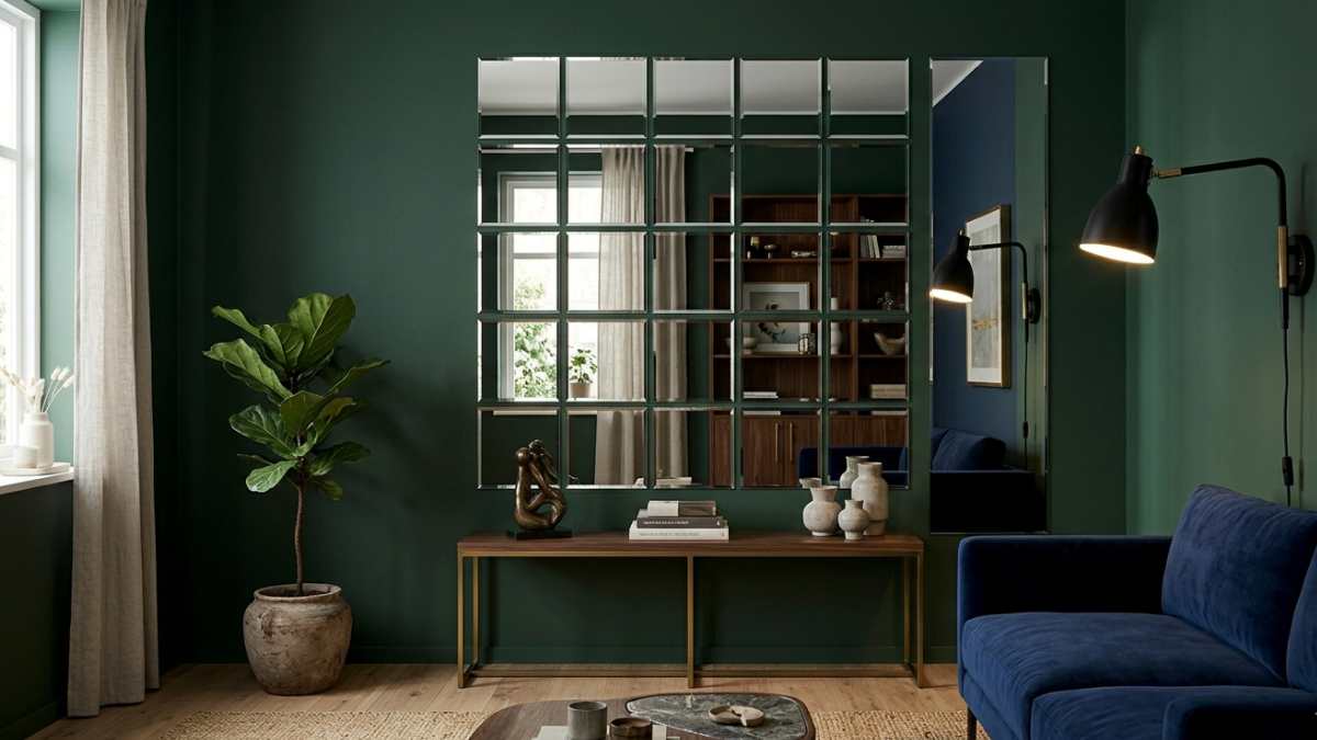 specchio in un salotto dai toni scuri