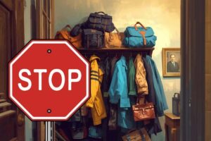 Un appendi abiti disordinato e pieno di giubotti e borse