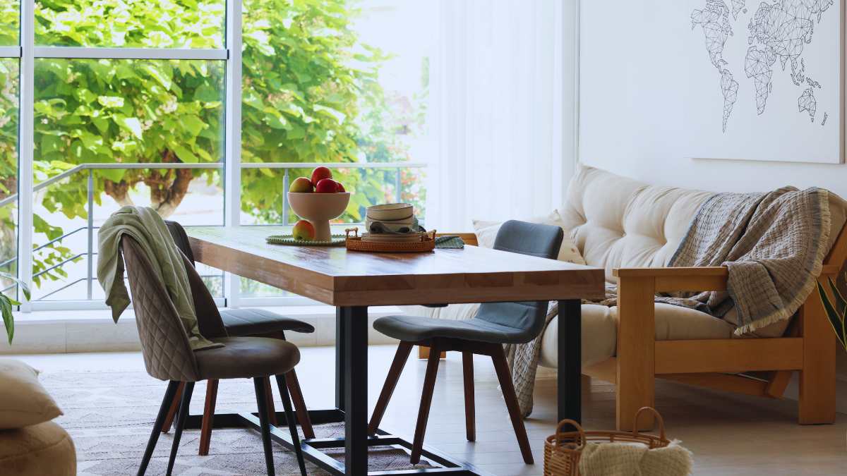 tavolo sedie e tappeto sotto il tavolo