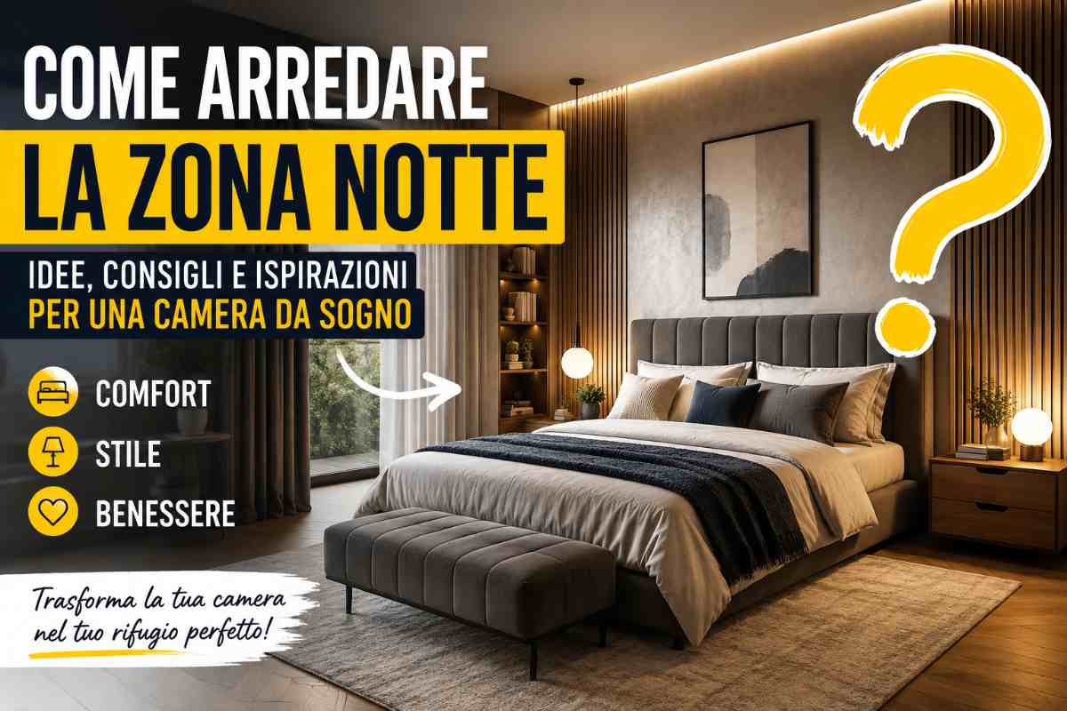 camera da letto con punto interrogativo giallo e scritte