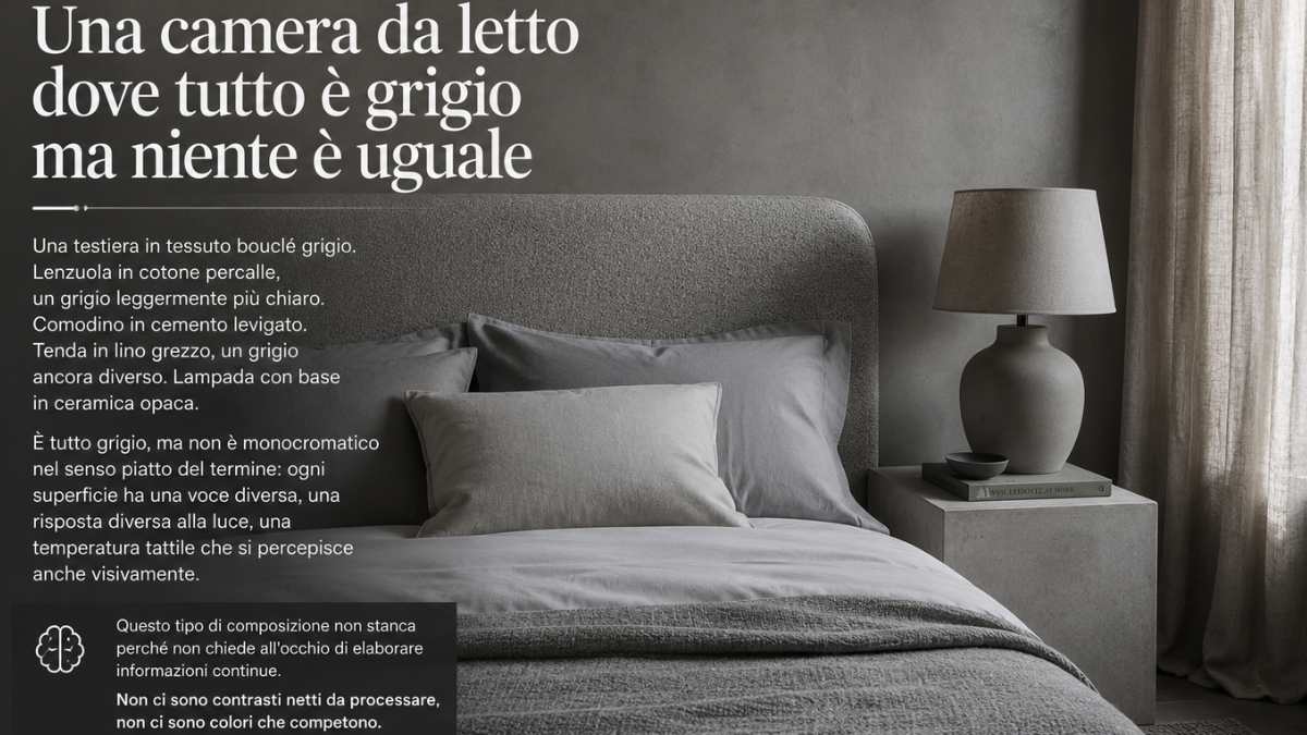 Una camera da letto dove tutto è grigio ma niente è uguale
