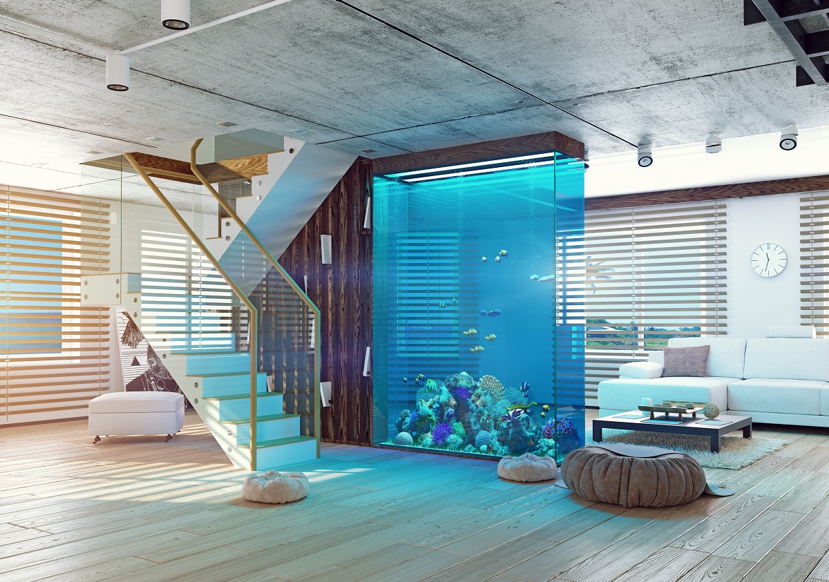 The,Modern,Loft,Interior,With,Aquarium.,3d,Concept