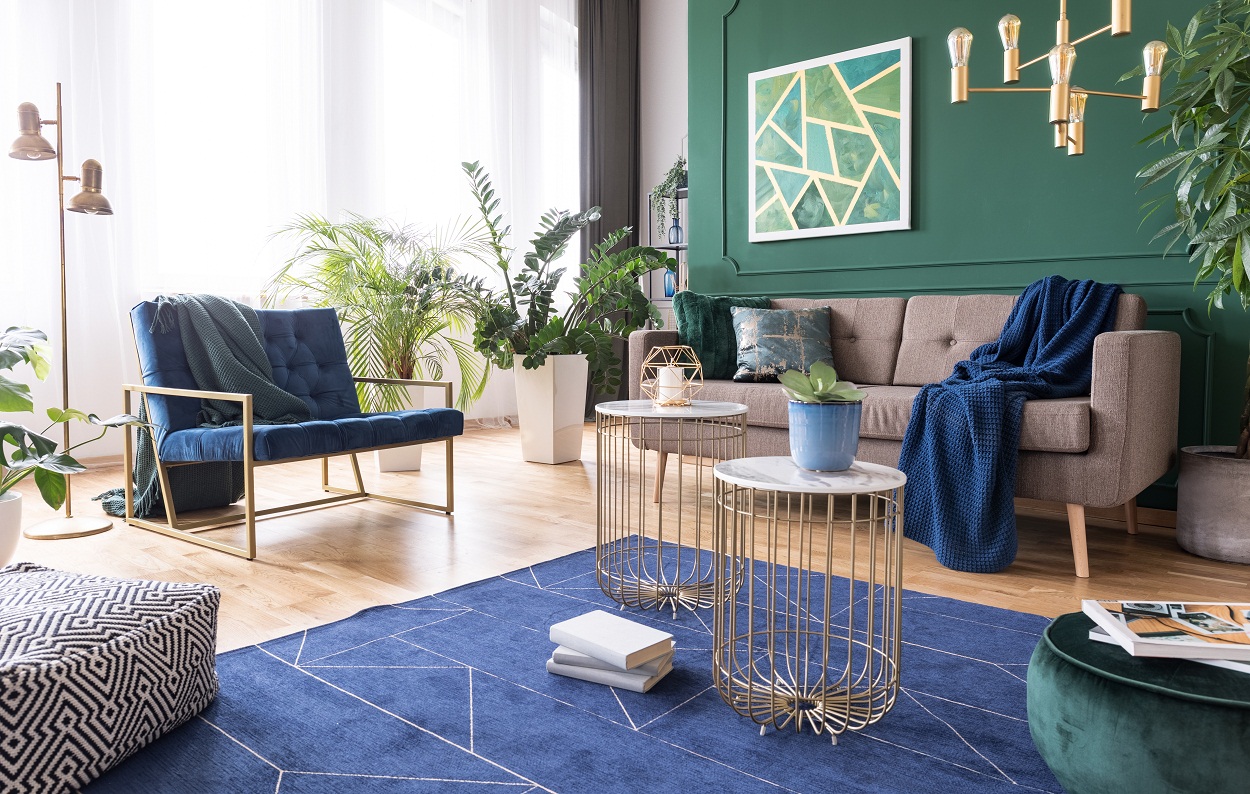 Green,And,Blue,Living,Room,Interior,Design,With,Rug,,Coffee