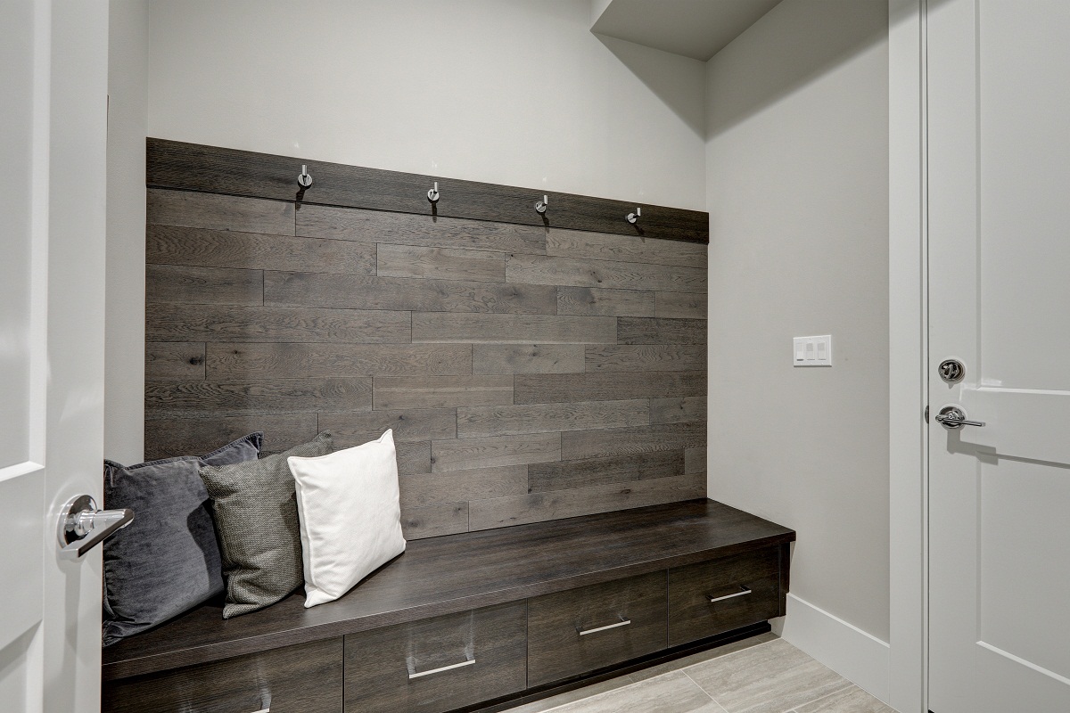 Gray,Foyer,Features,Half,Wood,Plank,Accent,Wall,With,Built in