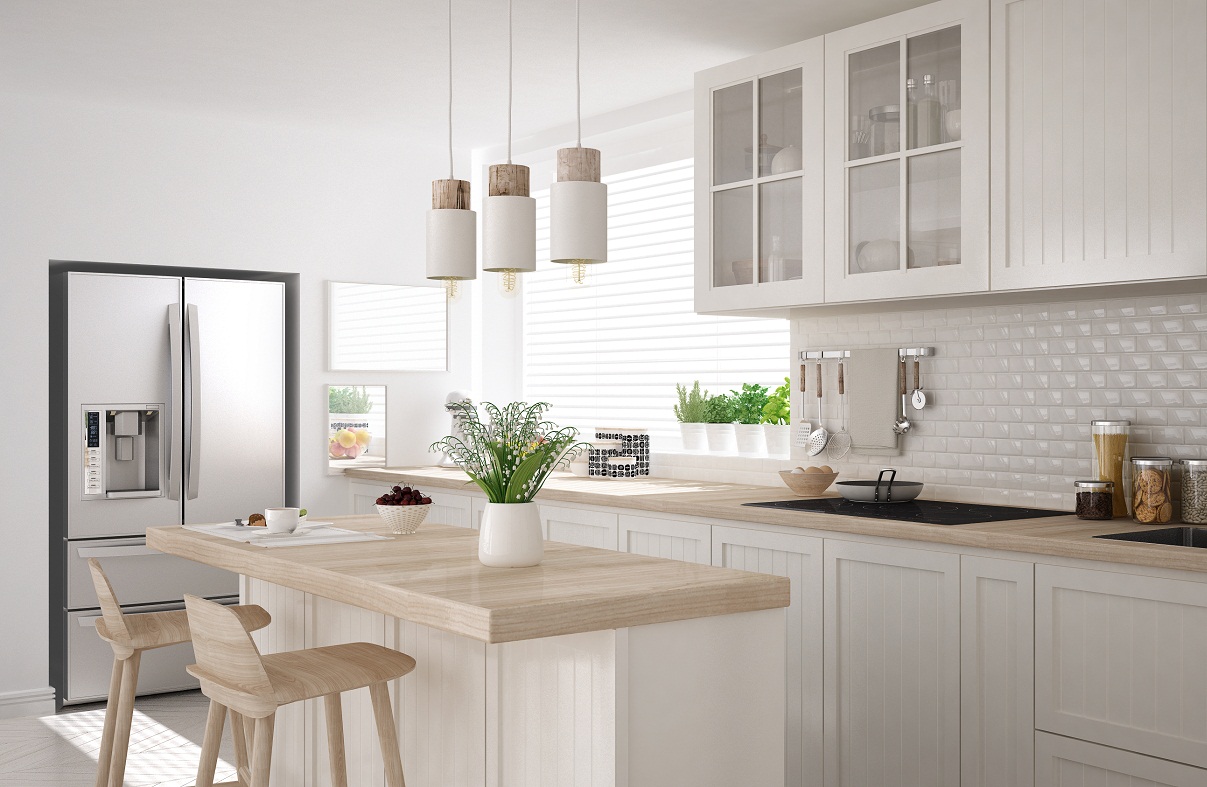 Scandinavian,Classic,Kitchen,With,Wooden,And,White,Details,,Minimalistic,Interior