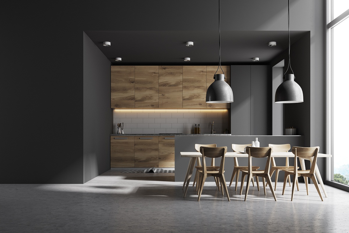 Modern,Kitchen,Interior,With,Gray,And,White,Brick,Walls,,A