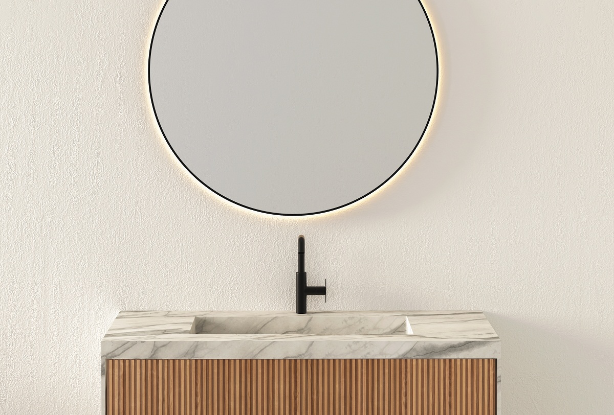 Close,Up,Bathroom,Furniture,With,Accessories.,Square,Mirrors,Are,Hanging