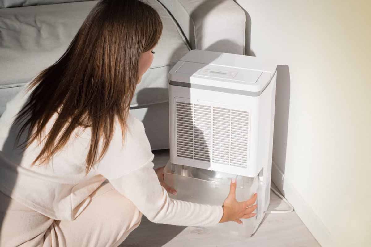 donna sistema il deumidificatore per ridurre umidita in casa